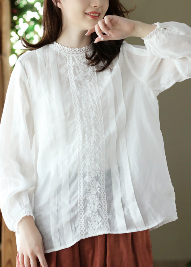 White O-neck Wrinkled Ramie Top Spring