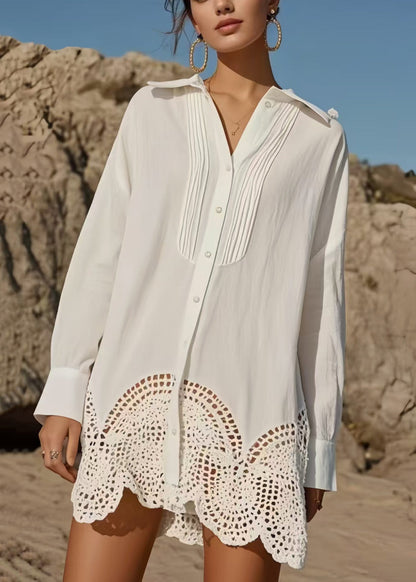 Diy White Hollow Out Wrinkled Cotton Long Shirts Spring
