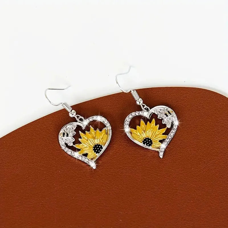 Sunflower & Bee Heart Dangle Earrings
