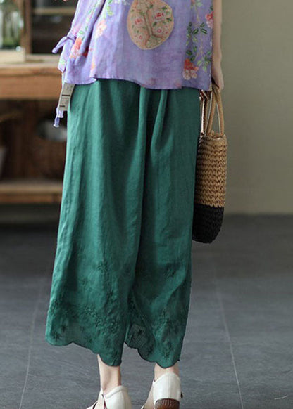 Green High Waist Linen Wide Leg Pants Embroidered Summer