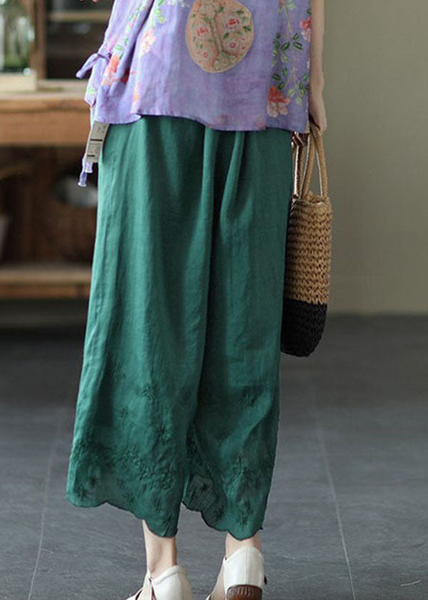 Green High Waist Linen Wide Leg Pants Embroidered Summer