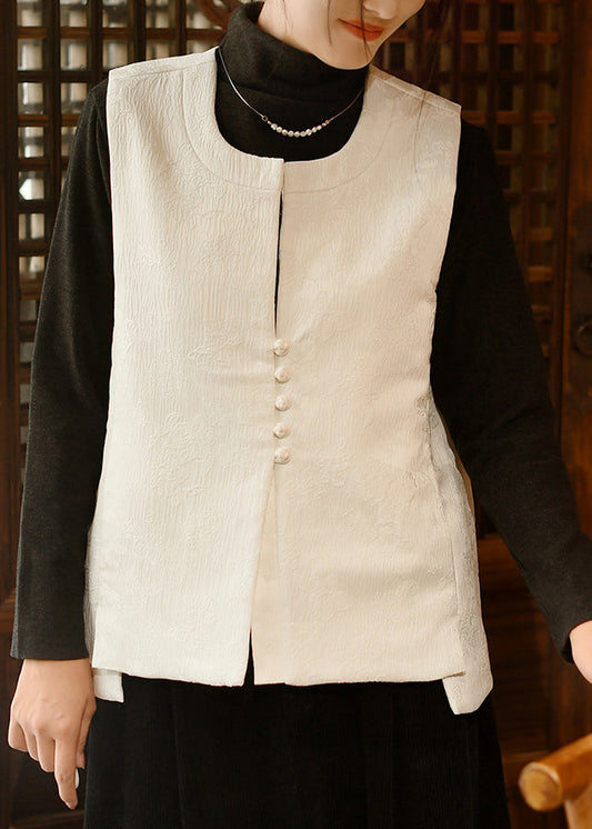 Handmade White U Neck Jacquard Silk Vest Sleeveless