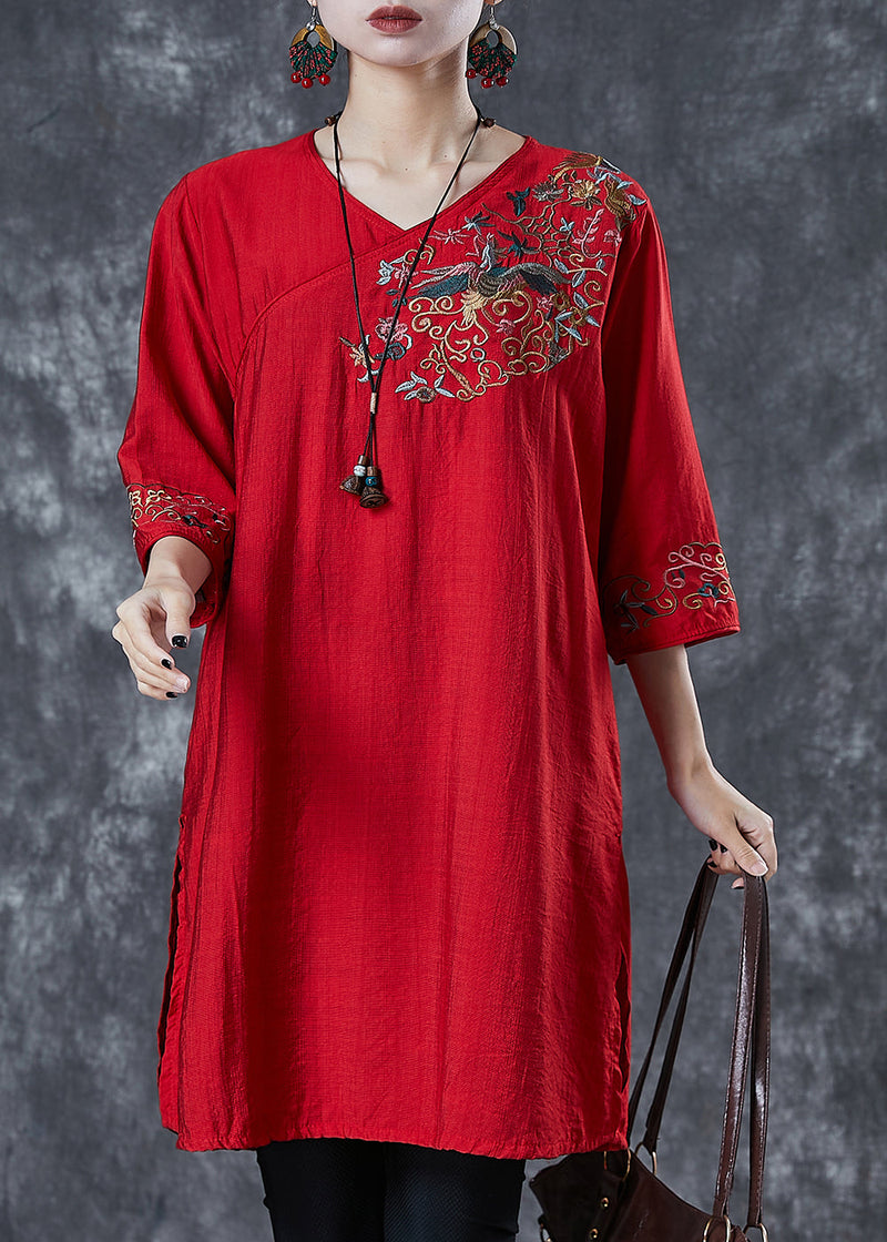 Red Embroidered Linen Mid Dresses Summer