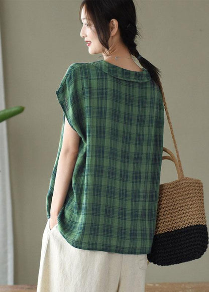 Black White Plaid Peter Pan Collar Cotton Shirts Summer