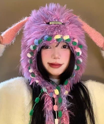 Purple Thick Warm Fuzzy Fur Knit Bonnie Hat