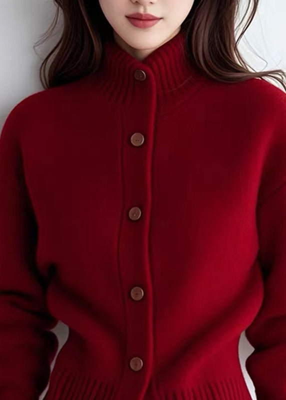 Red Turtleneck Patchwork Cotton Knit Cardigans Spring