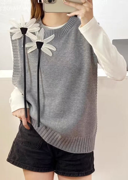 Modern Grey Decorated Warm Knit Vests Fall