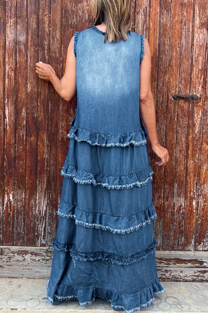Color Distressed Ruffle V Neck Sleeveless Loose Denim Dresses(4 Colors)