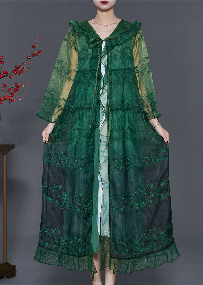 Green Organza Upf 50+ Cardigans Embroidered Ruffled Summer