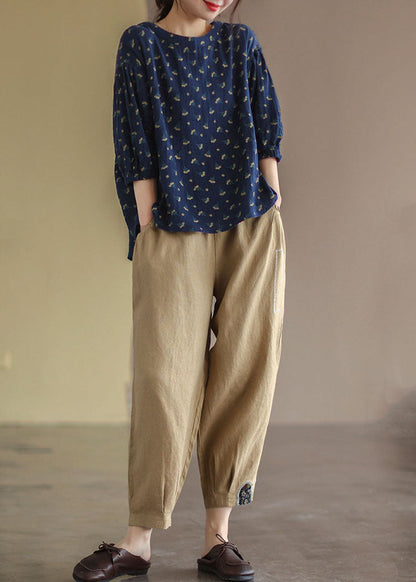 Khaki Elastic Waist Patchwork Applique Linen Harem Pants Fall