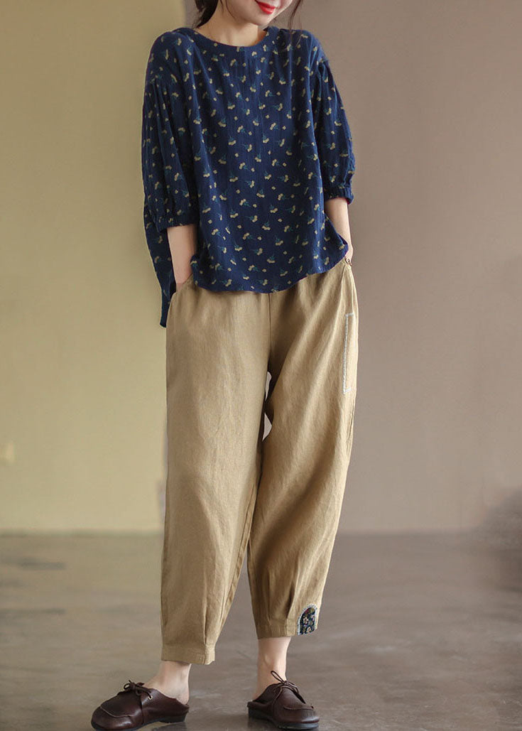 Khaki Elastic Waist Patchwork Applique Linen Harem Pants Fall