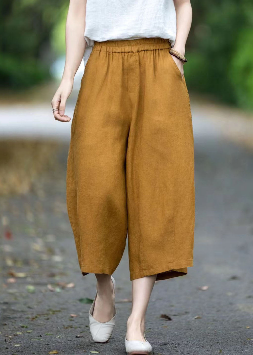 Yellow Oversized Pockets Linen Pants Summer