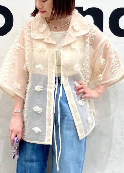 French Beige Oversized Jacquard Sheer Shirt Top Summer