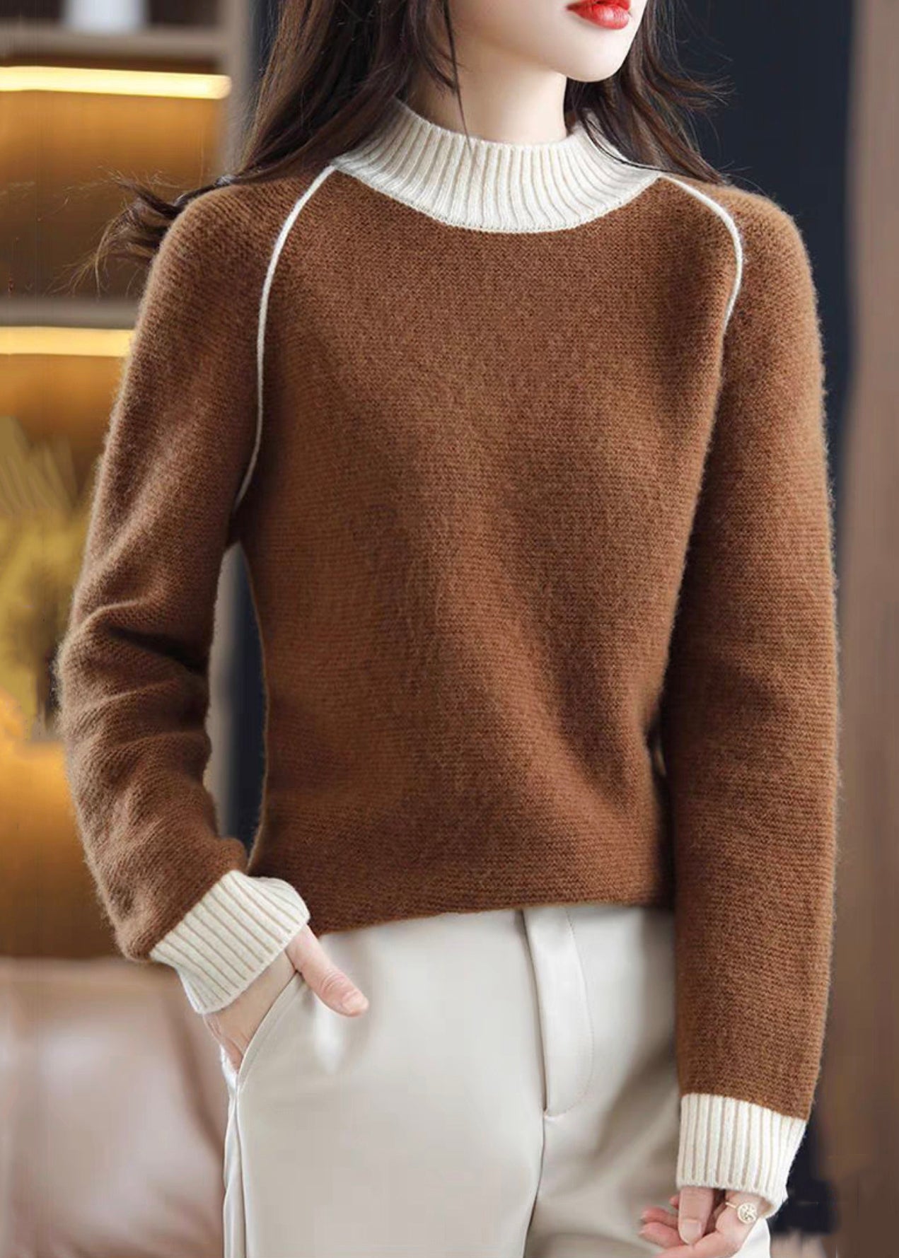 Beige Turtleneck Cozy Patchwork Wool Knit Sweaters Fall