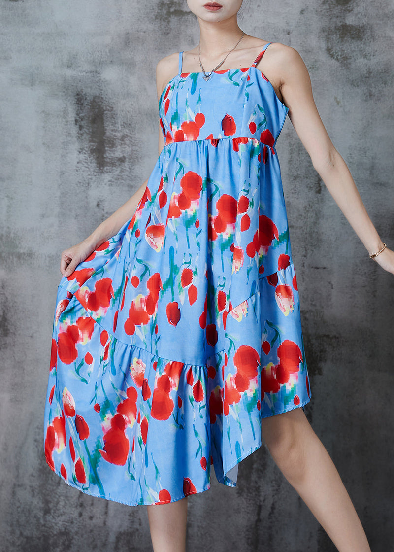 Blue Asymmetrical Print Cotton Summer Dress