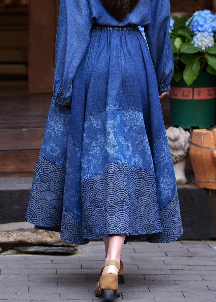 Denim Blue Print Tie Waist Maxi Skirt Summer