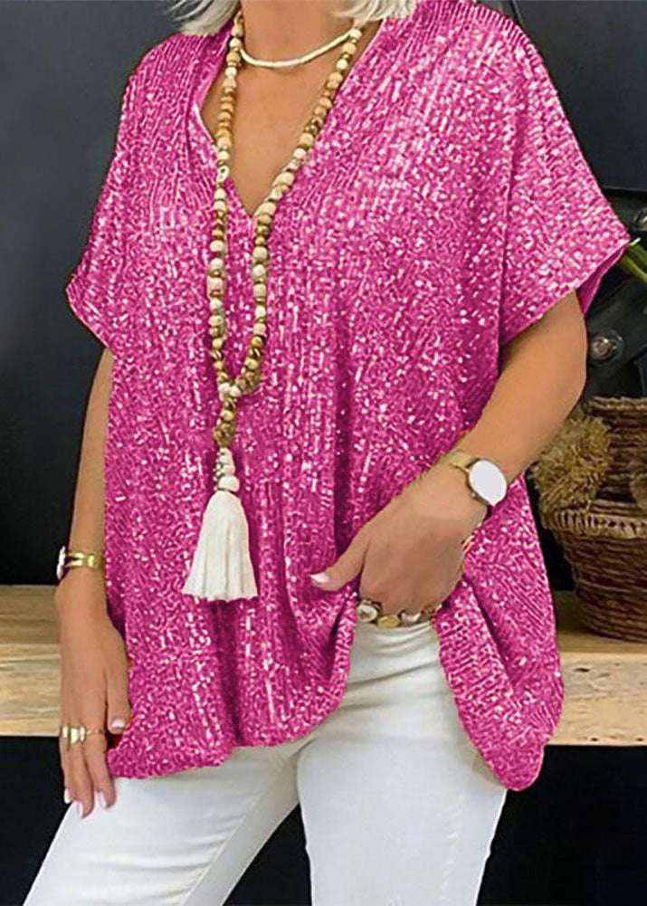 Gold V Neck Sequins Tops Summer