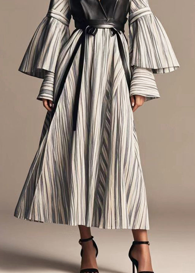 Grey Striped Patchwork Faux Leather Cotton Holiday Dress Flare Sleeve