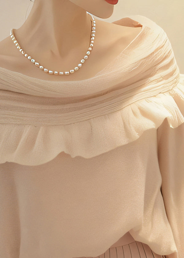 Apricot Slash Neck Ruffled Patchwork Knit Sweaters Spring