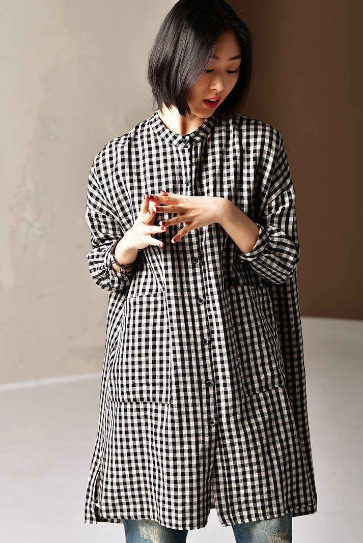 Korea Style Medium Length Loose Plaid Shirt Blouse
