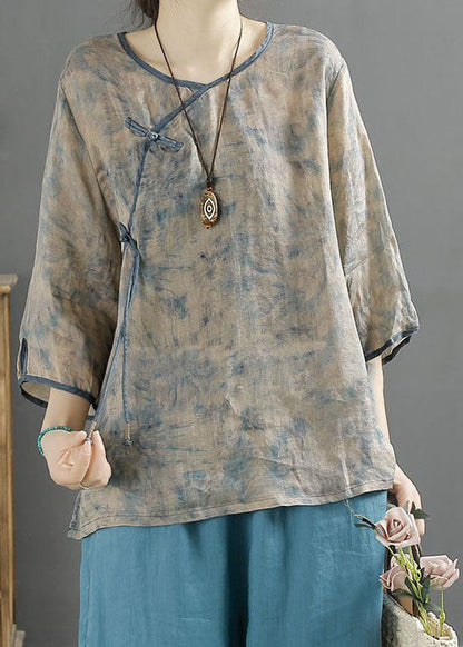 Chinese Style Blue Tasseled Button Patchwork Linen Top Summer