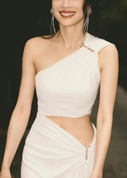 White Asymmetrical Hollow Out Cotton Dress Sleeveless