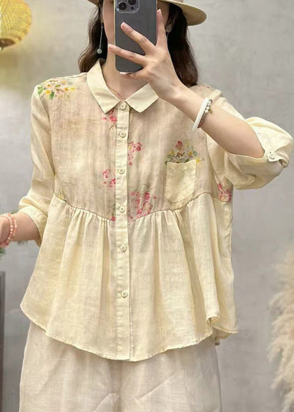 Pink Print Patchwork Linen Shirt Top Half Sleeve