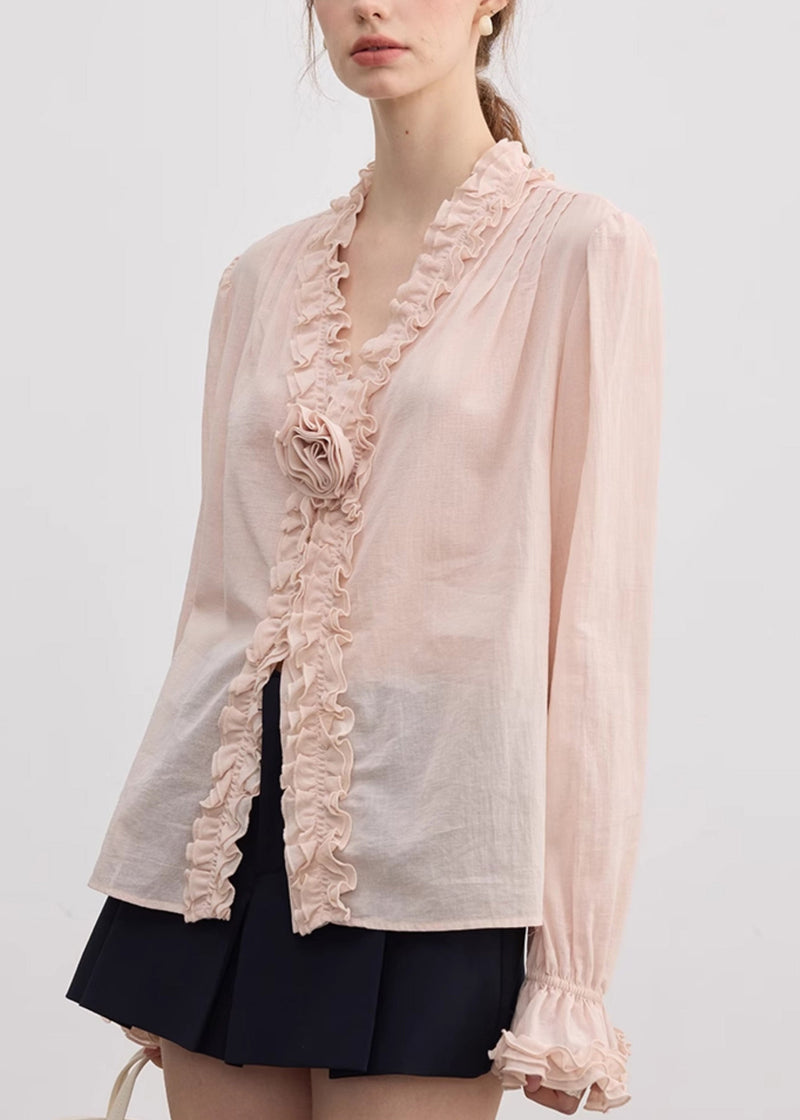 Fine Pink V Neck Ruffled Cotton Shirt Top Fall