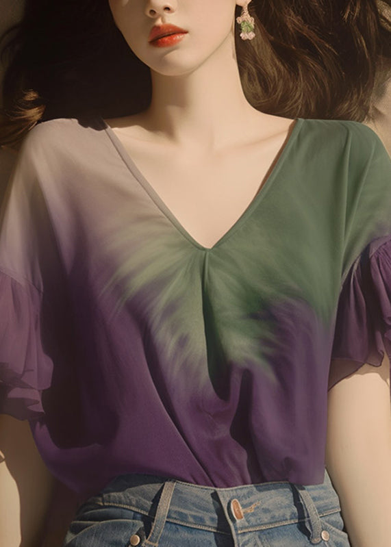Gradient Color Purple V Neck Chiffon T Shirt Summer
