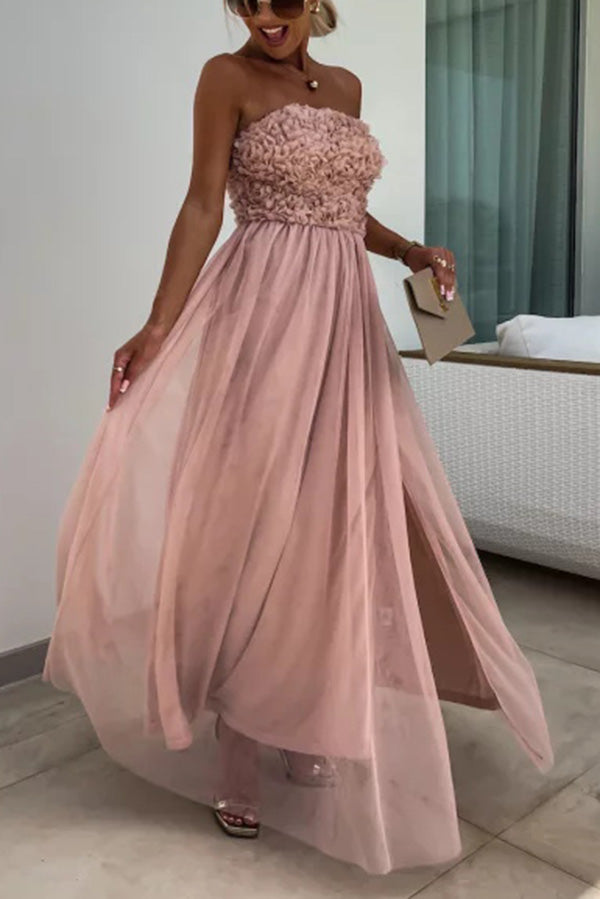Romance and Lightness Tulle Texture Pleated Patchwork Strapless Slit Maxi Dress