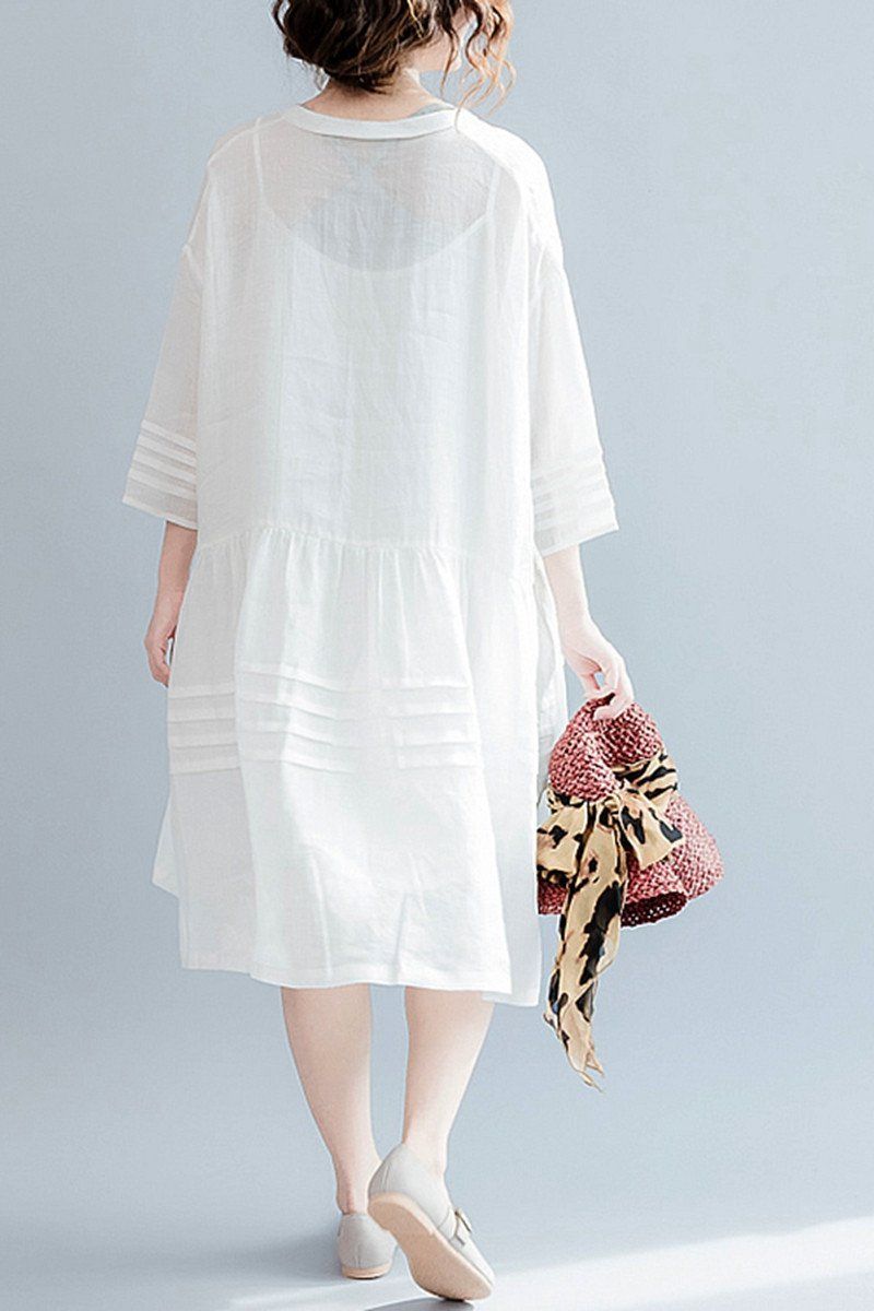 White Big Hem Linen Summer Shirt Dresses Clothing