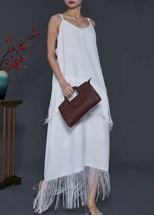 White Tasseled Chiffon Spaghetti Strap Dress Summer