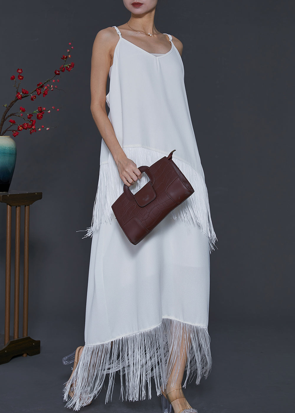 White Tasseled Chiffon Spaghetti Strap Dress Summer