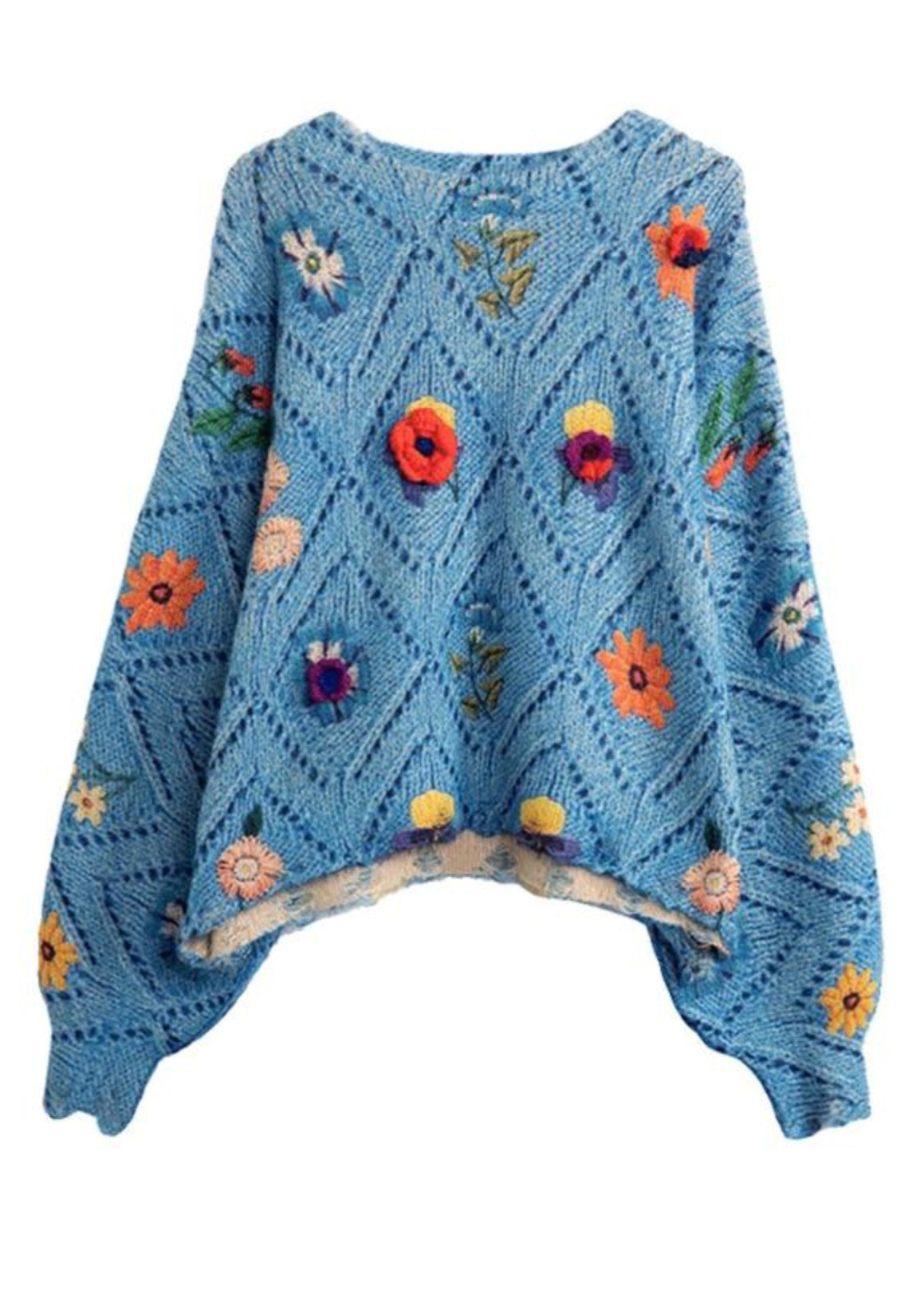 Blue Hollow Out Cotton Knit Sweater Tops Batwing Sleeve
