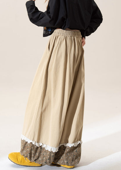 Khaki Print Patchwork Elastic Waist Cotton Pants Fall