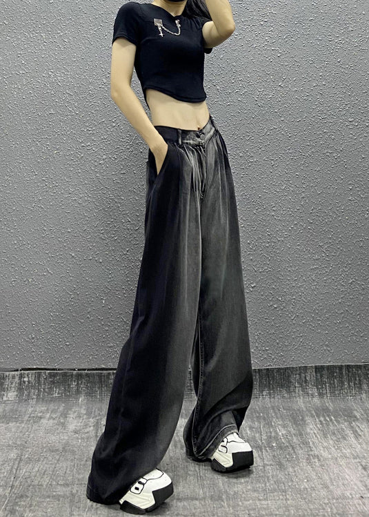 Black Grey Pockets Patchwork Denim Wide Leg Pants Fall