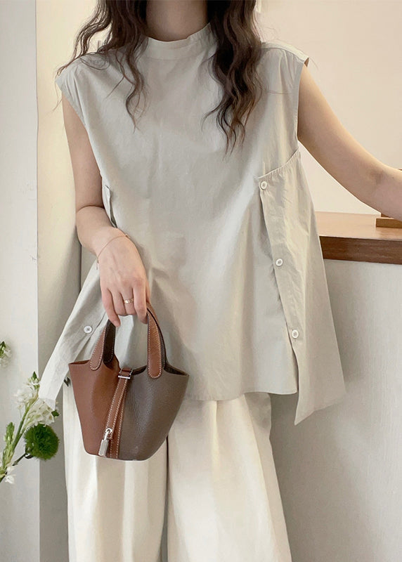 Apricot Stand Collar Asymmetrical T Shirt Short Sleeve