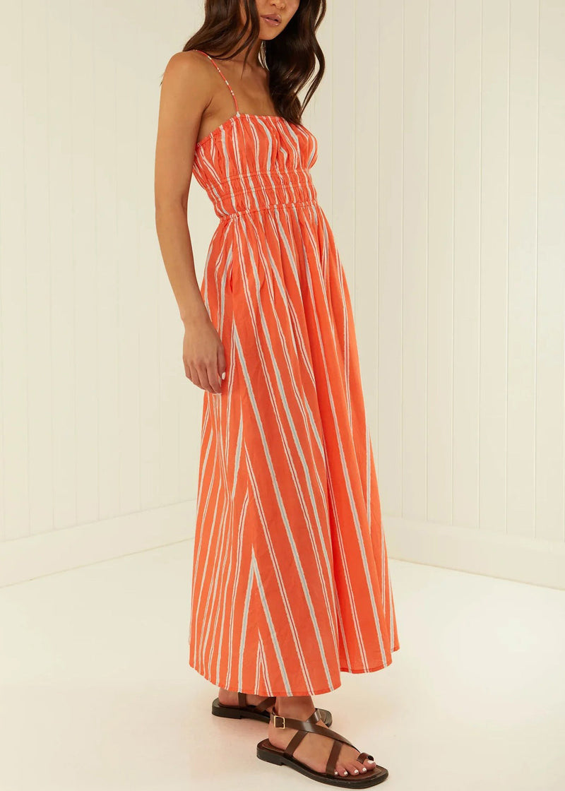 Orange Striped Cotton Spaghetti Strap Dress Summer