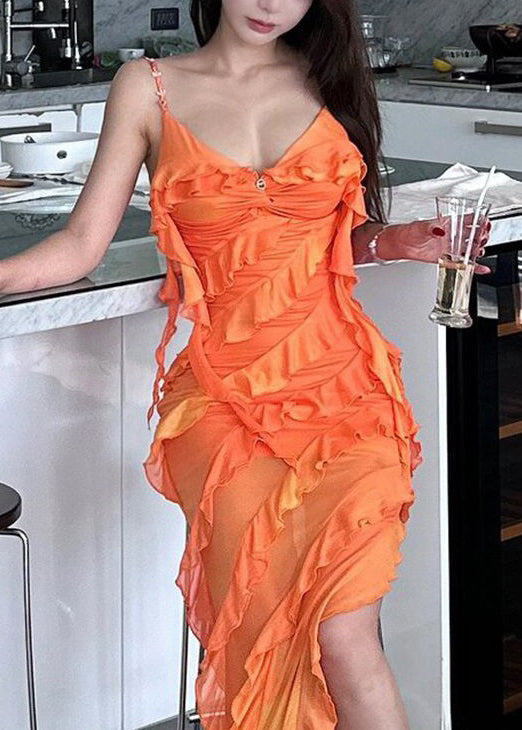 Orange Asymmetrical Ruffled Tulle Spaghetti Strap Dress Sleeveless