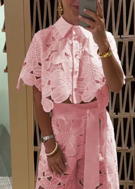 White Hollow Out Shirts and Wide Leg Pants Two Pieces Set Short Sleeve