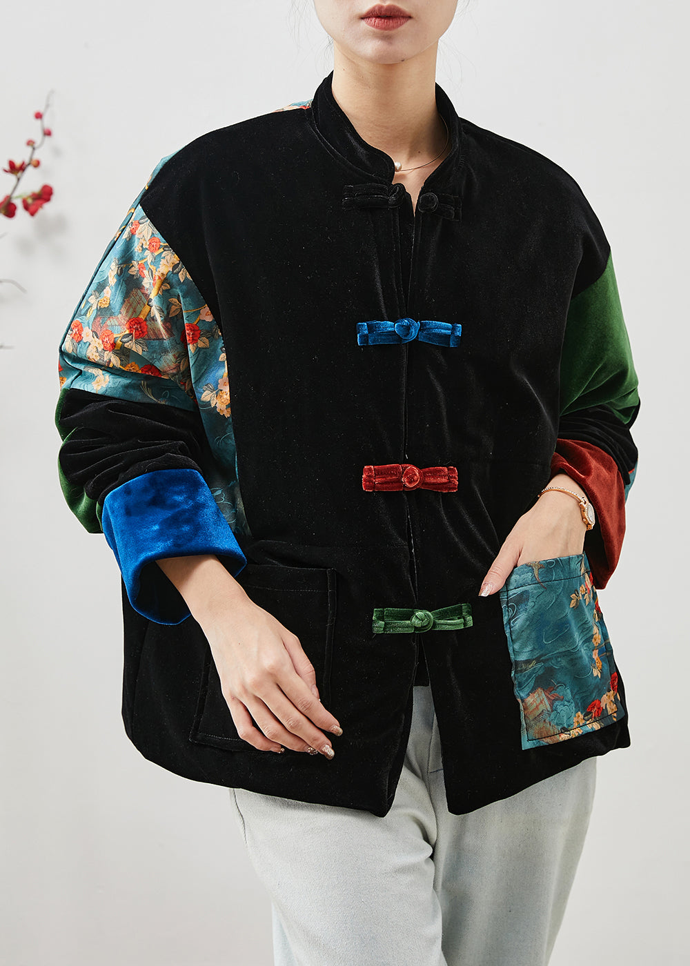 Black Thick Patchwork Pockets Silk Velvet Oriental Coats Winter