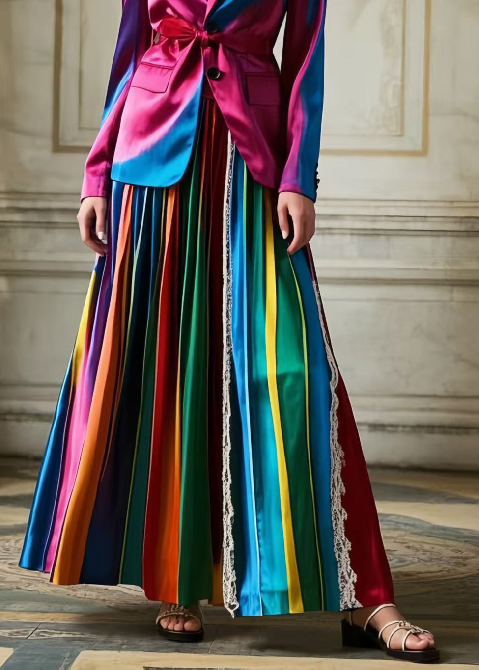 Polychrome Striped Patchwork Lace Silk Pleated Skirt Spring