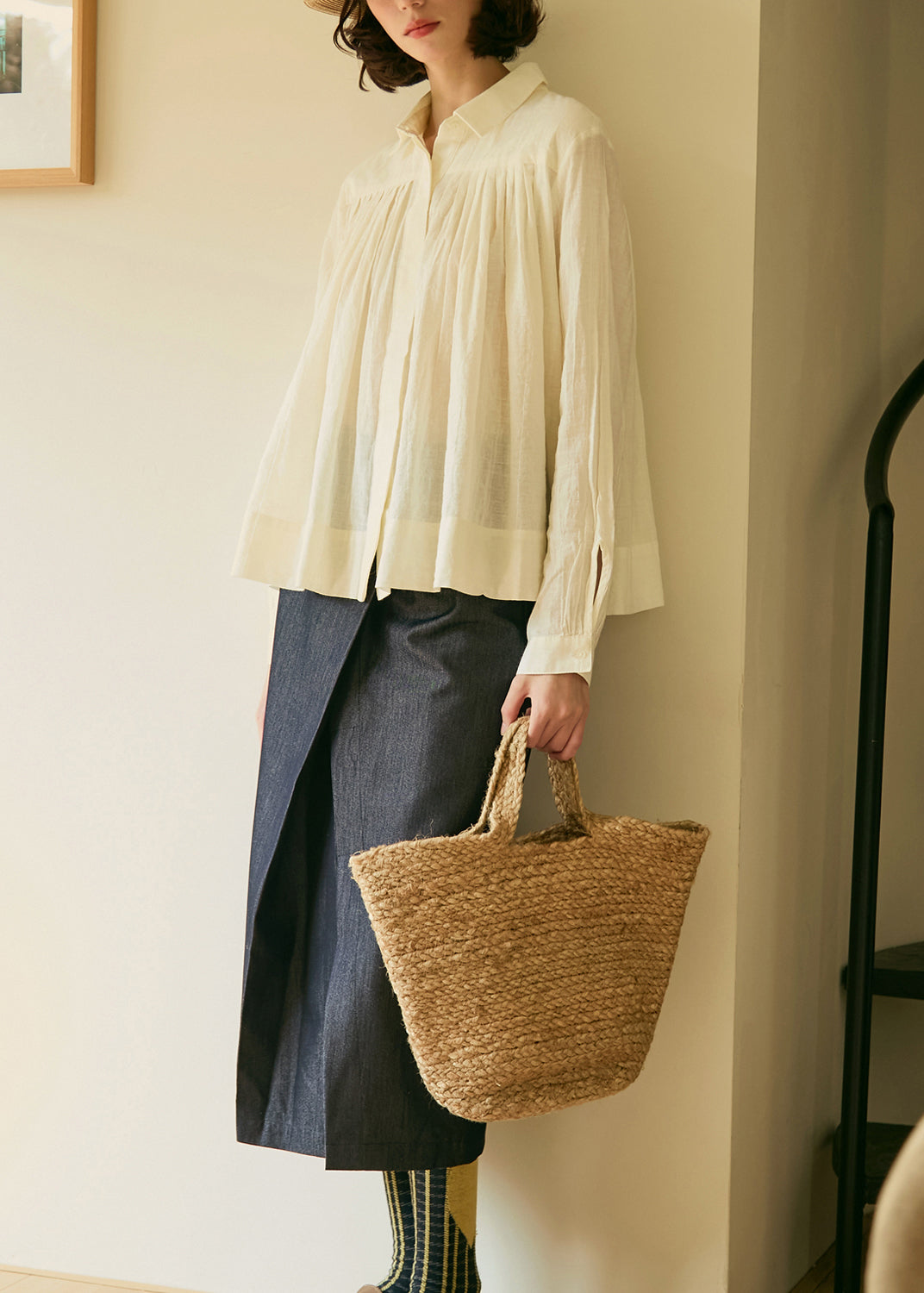 Beige Peter Pan Collar Wrinkled Cotton Shirt Top Fall
