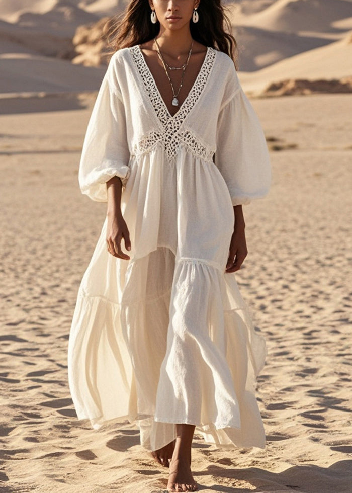 White V Neck Patchwork Hollow Out Cotton Dress Lantern Sleeve