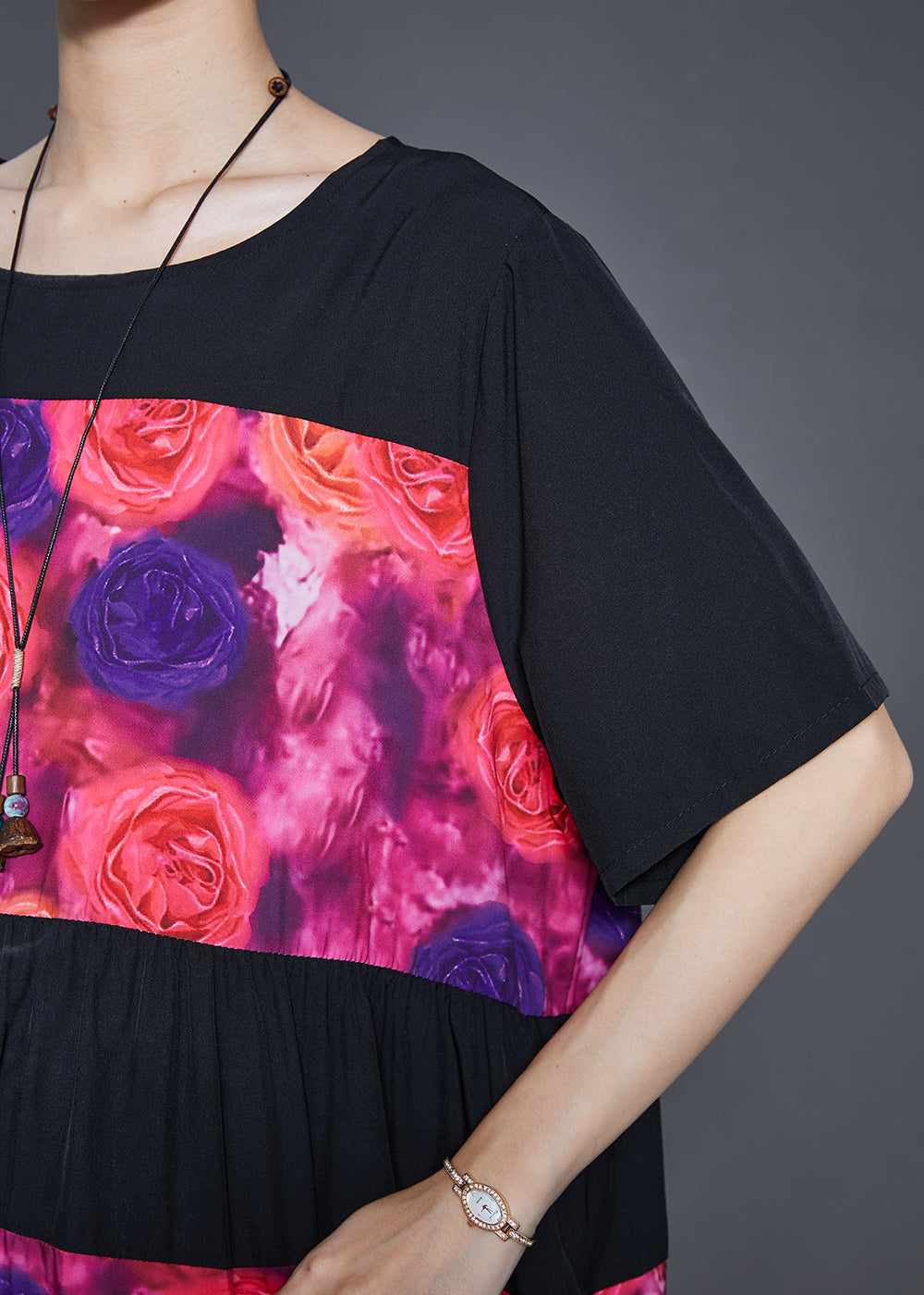 Black Oversized Patchwork Chiffon Maxi Dress Summer