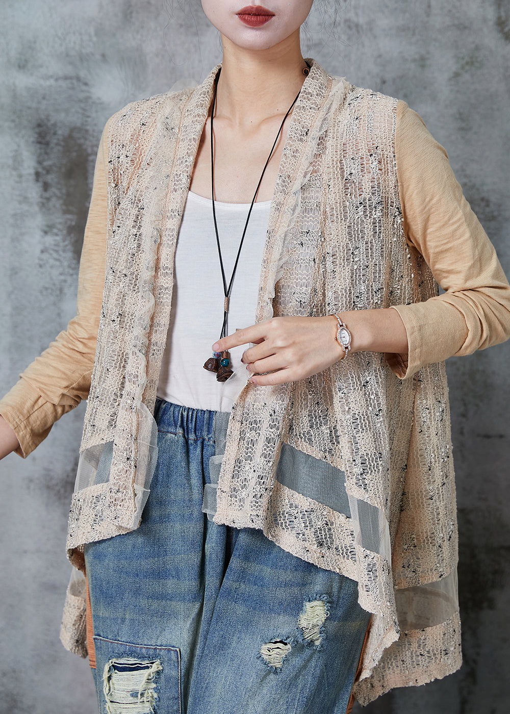 Khaki Asymmetrical Patchwork Knit Cardigans Spring