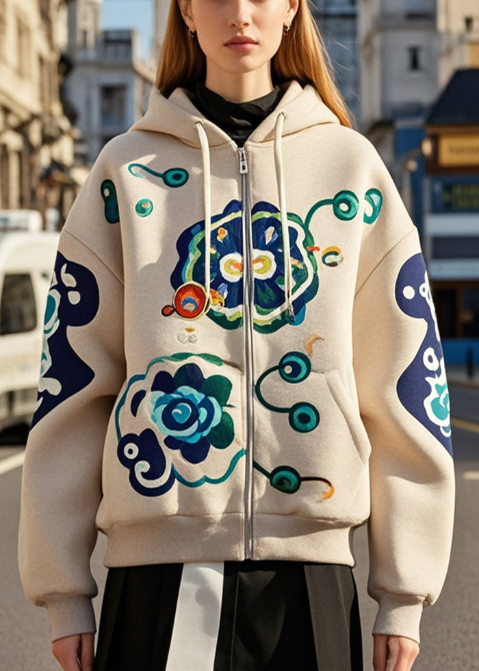 Khaki Print Drawstring Cotton Hooded Coat Fall