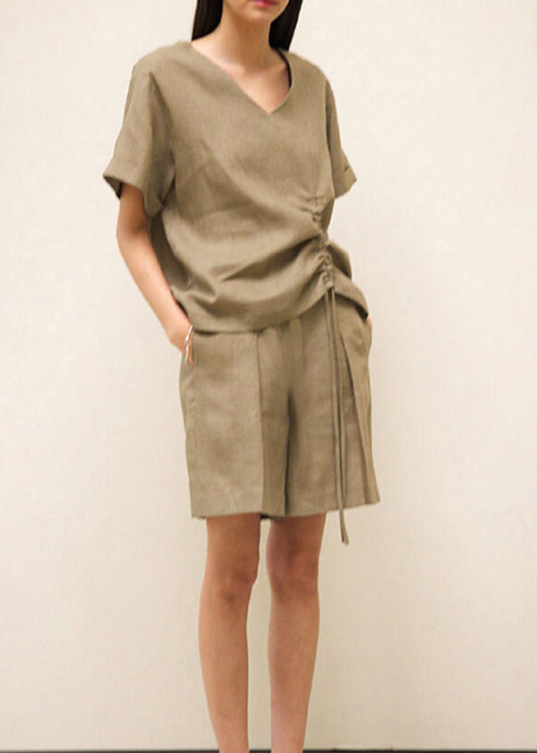 Loose Brown V Neck Drawstring Linen T Shirts Summer