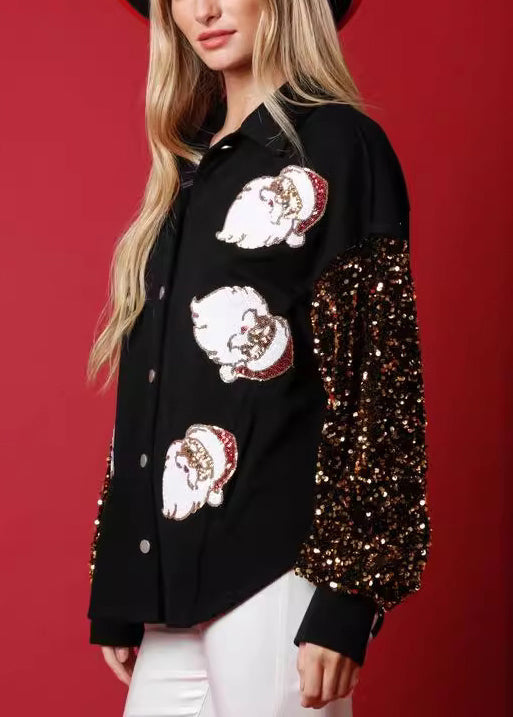 Black Embroidered Santa Claus Patchwork Cotton Shirts Winter