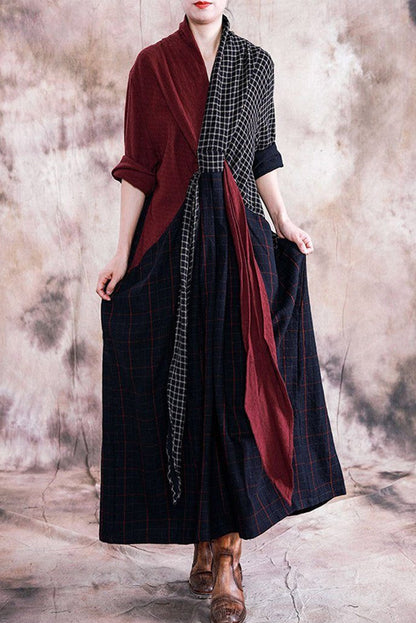 -fall Retro Cotton Linen Dress Stitching Robe Dress